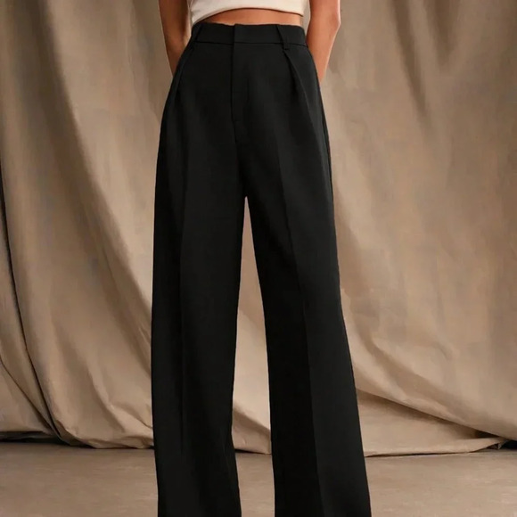 Black Casual Women's Plain Straight High-Waisted Pants - Picture 5 of 6